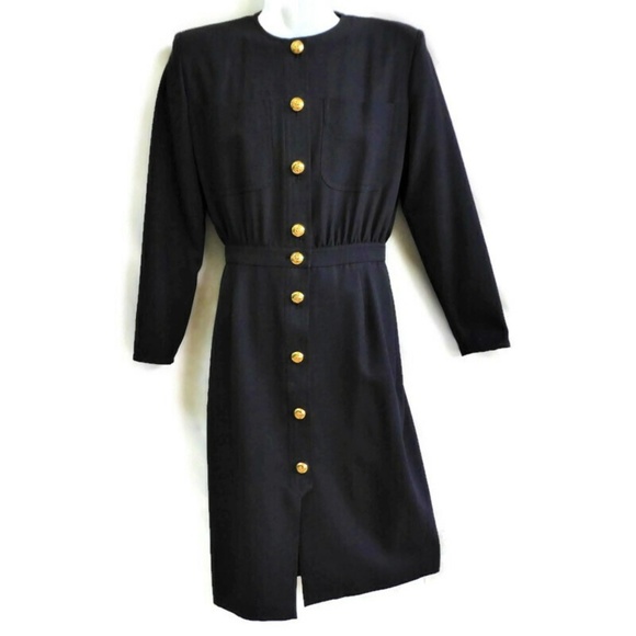 Valentino Dresses & Skirts - Valentino MissV Navy Wool Dress Button Front Lined Professional Gold Logo Button